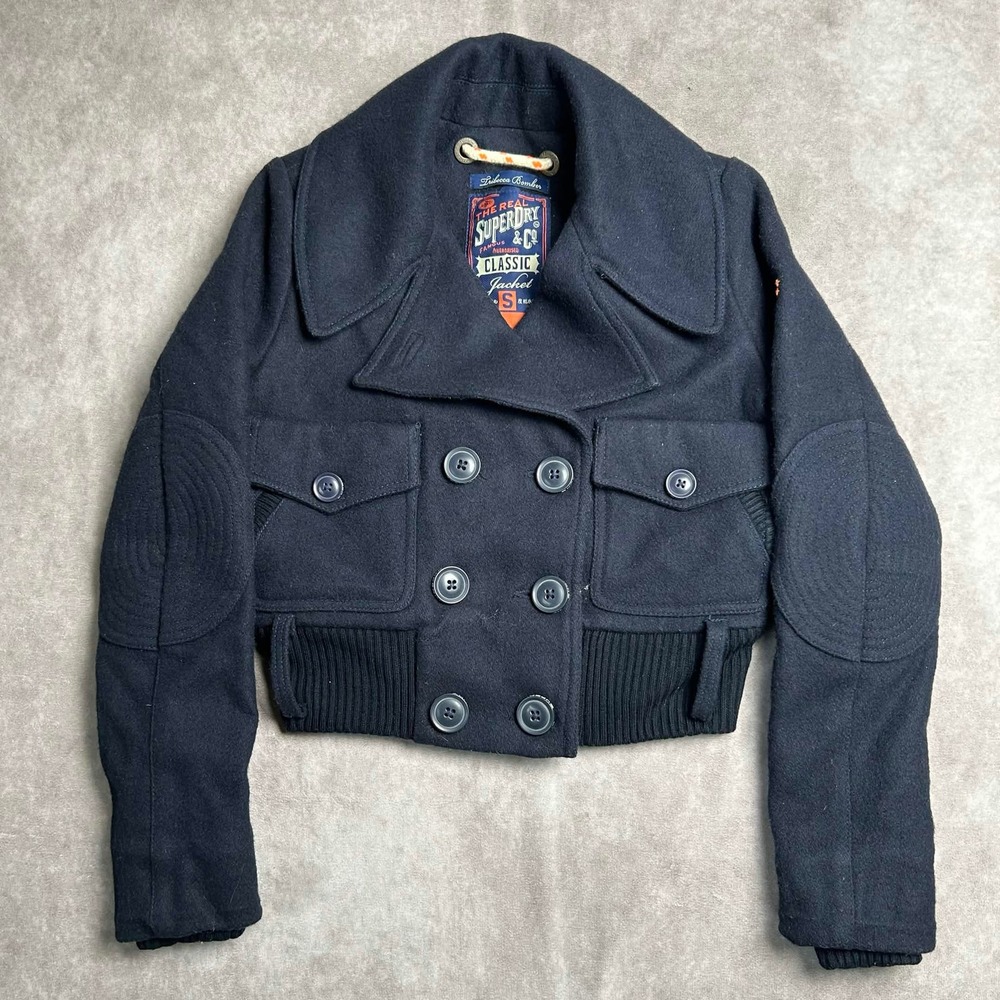 Superdry Tribeca Bomber Jacket Womens SM Navy Blue Wool Blend Cropped Pea Coat